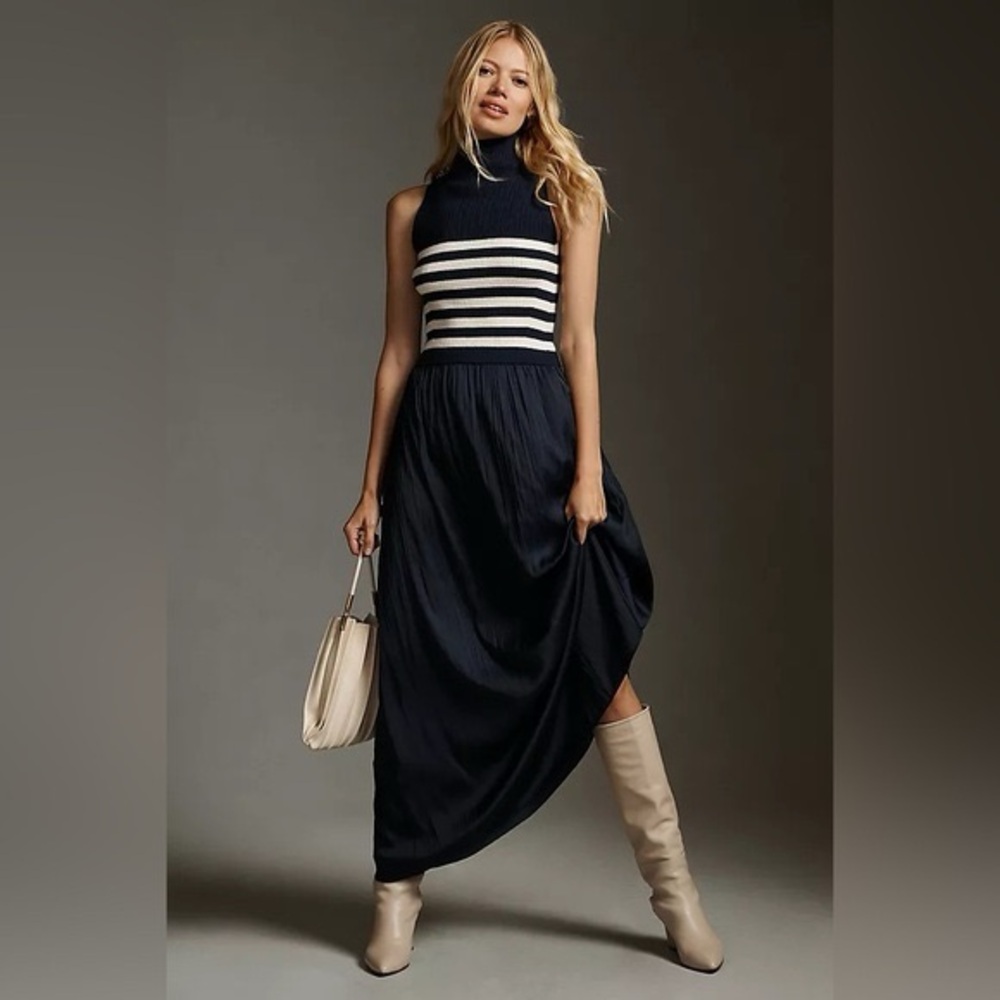 Anthropologie Navy and Cream Striped Maxi Dress